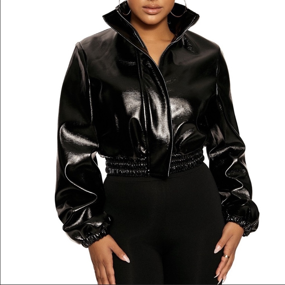 Naked Wardrobe Cropped Leather Vinyl Bomber Jacket
